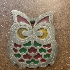 Vintage Cast Iron Colorful Stained Glass Look Owl Trivet Hot Plate